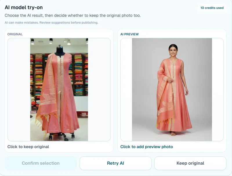 Storzu's AI model try-on screen comparing the mannequin photo with a preview of the same outfit worn by a model